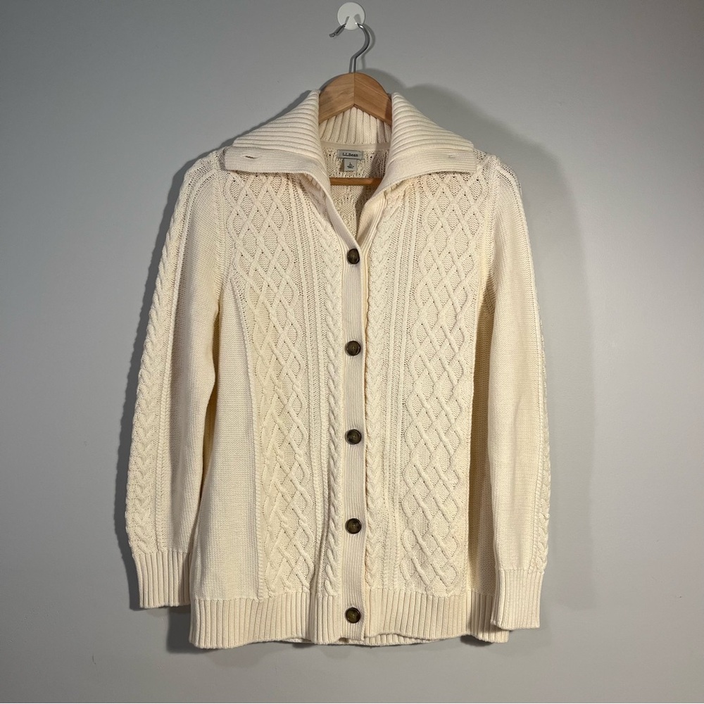 LL Bean Women's Cable Knit Cotton Button Up Cardigan Sweater Cream Size Large